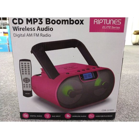Riptunes CDB237BTP Player Boombox Portable AM/FM Bluetooth MP3/CD USB, Pink - Picture 1 of 8